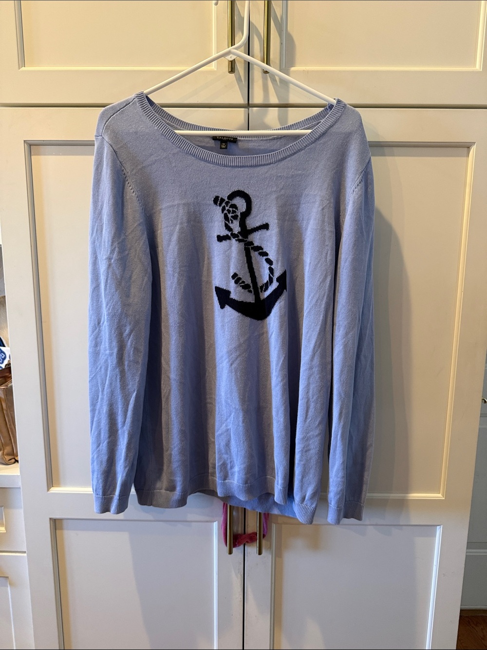 Talbots Light Blue Sweater with Navy Anchor Motif cotton blend XL